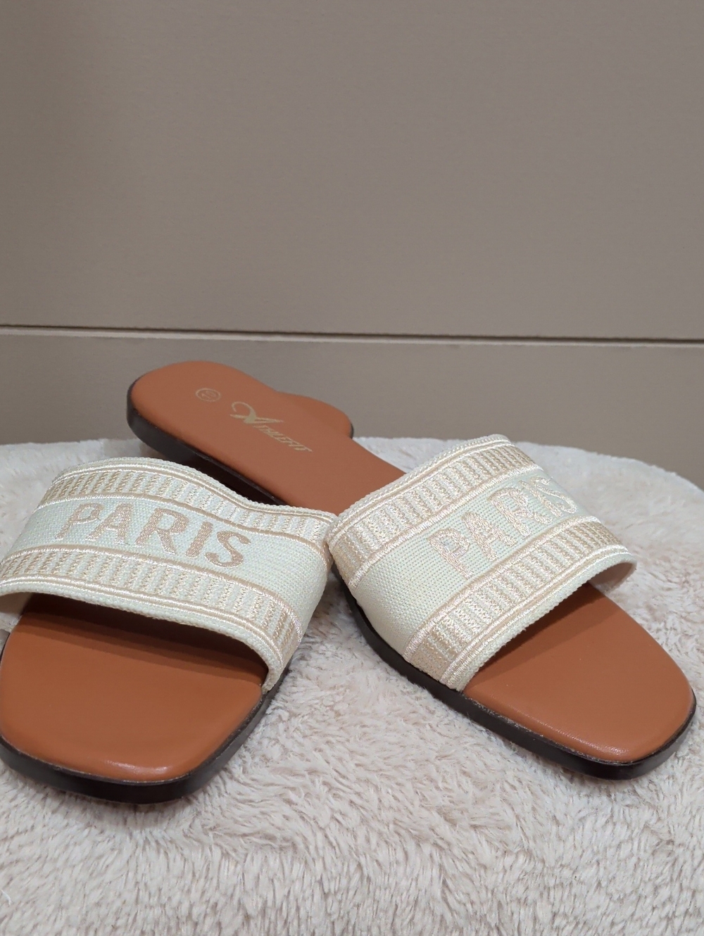 Women’s Cream 'Paris' Embroidered Slide Sandals by